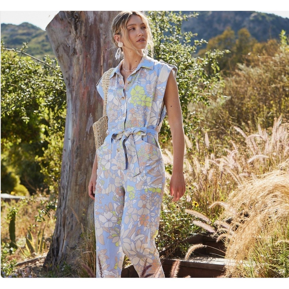 Current Air Floral Print Linen Blend‎ Utility Jumpsuit Size M Blue Yellow Belt